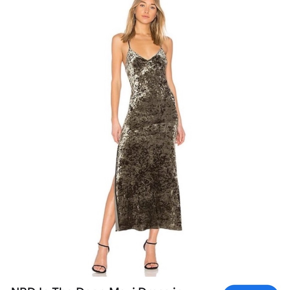 NBD Slip Maxi Dress with Slit Spaghetti Straps, Olive green velvet size Medium